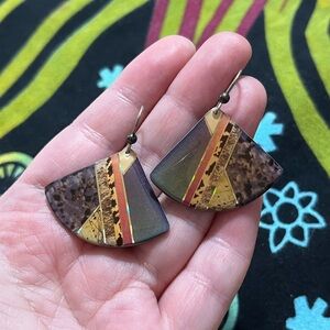 VTG Boho Coastal Geometric Inlaid Black Lacquer Silver Tone Metal Earrings